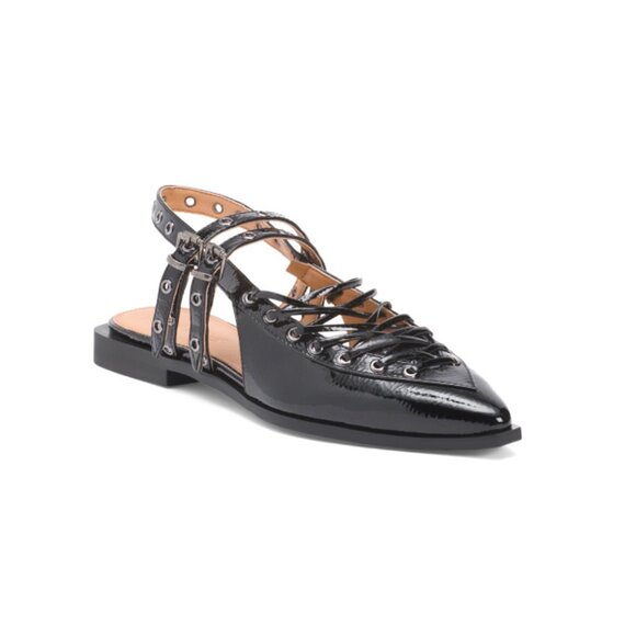 STEVE MADDEN Black Patent Galanto Lace Up Slingback Flats - Picture 1 of 2